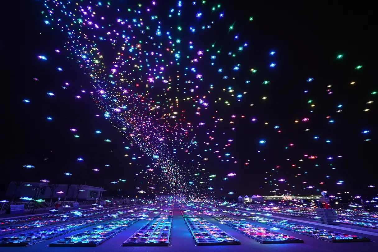 Burst of coloured lights created by drones in time with the music