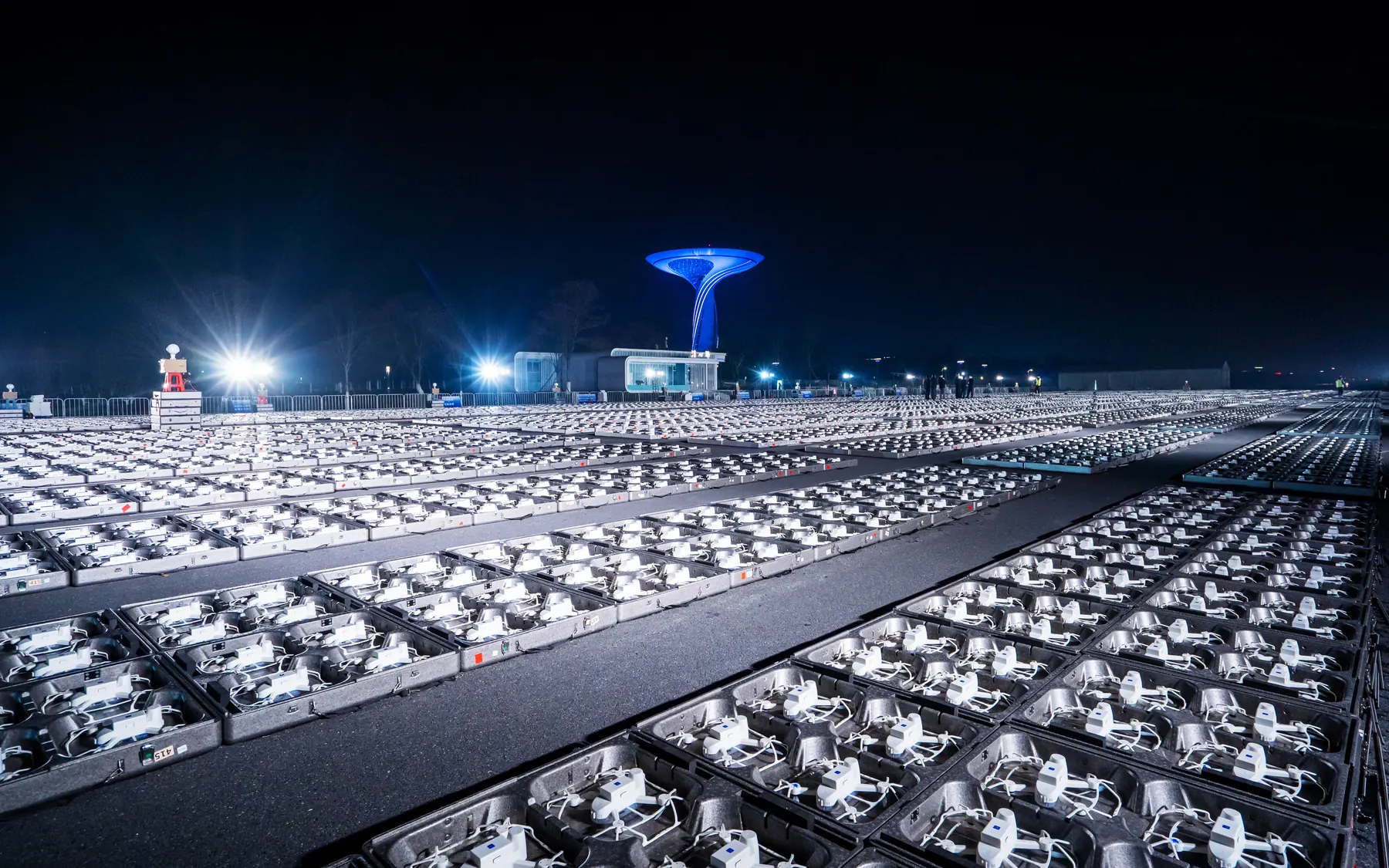 Large drone formation deployed on an operations field during an event