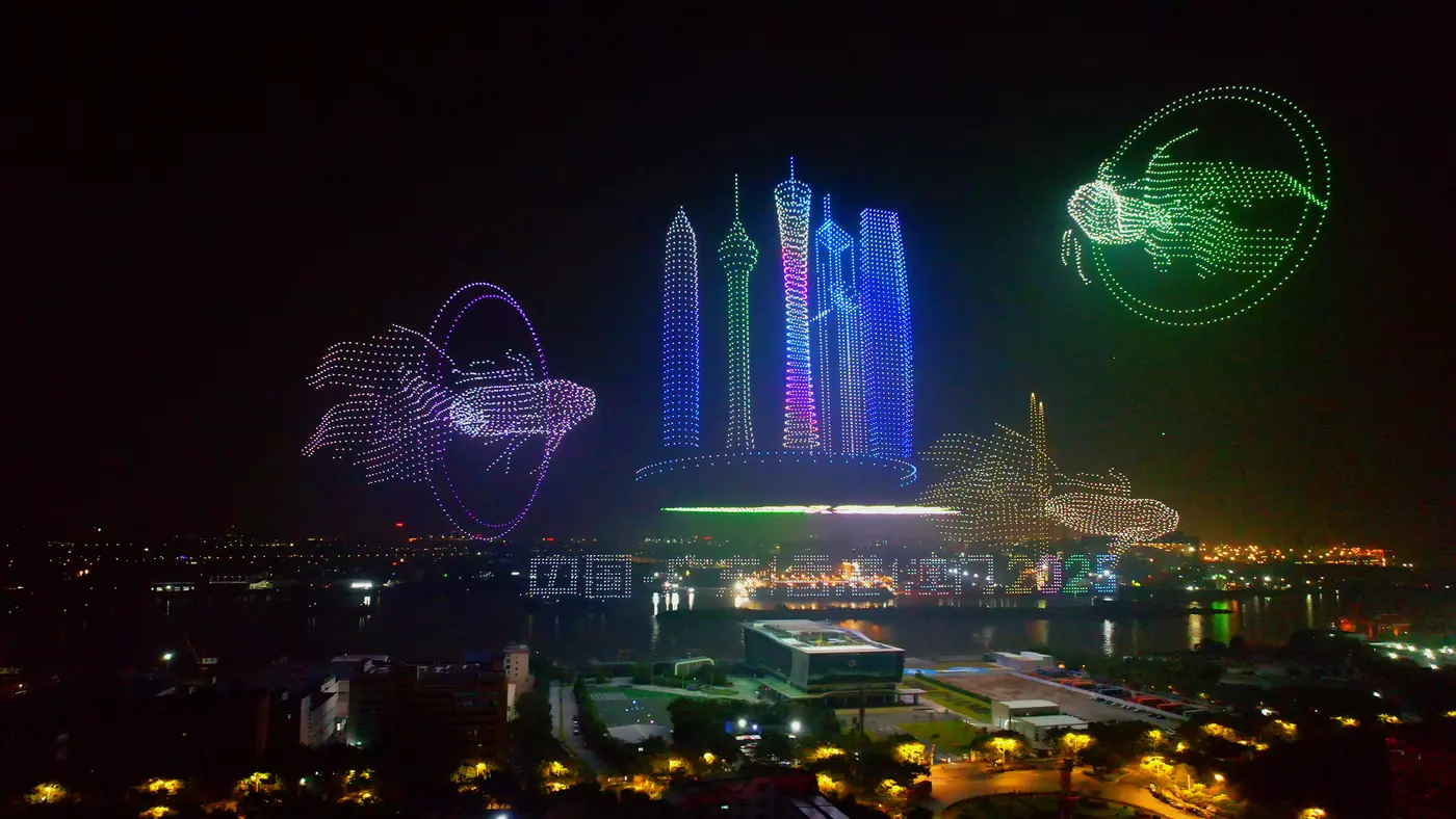 Drone shapes combined with a city's urban skyline